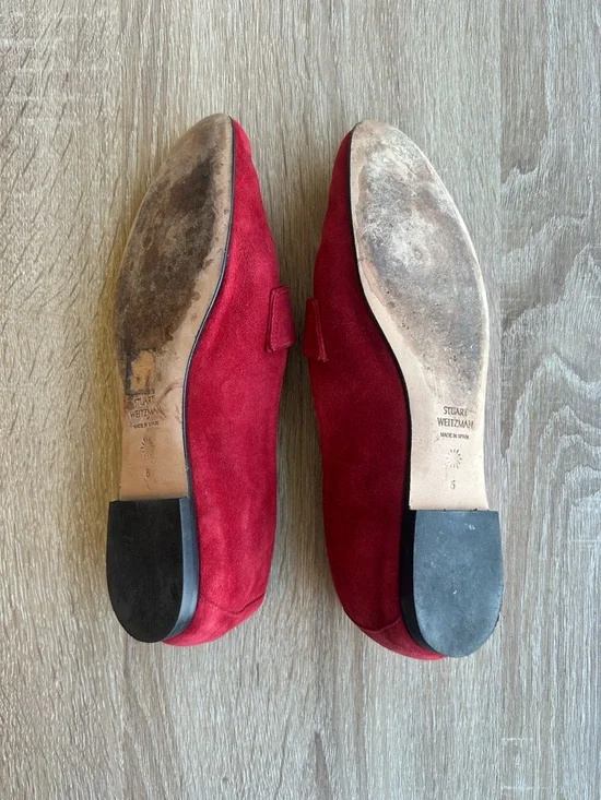 Stuart Weitzman Red Suede Loafers with Gold SW Emblem - Picture 8 of 8